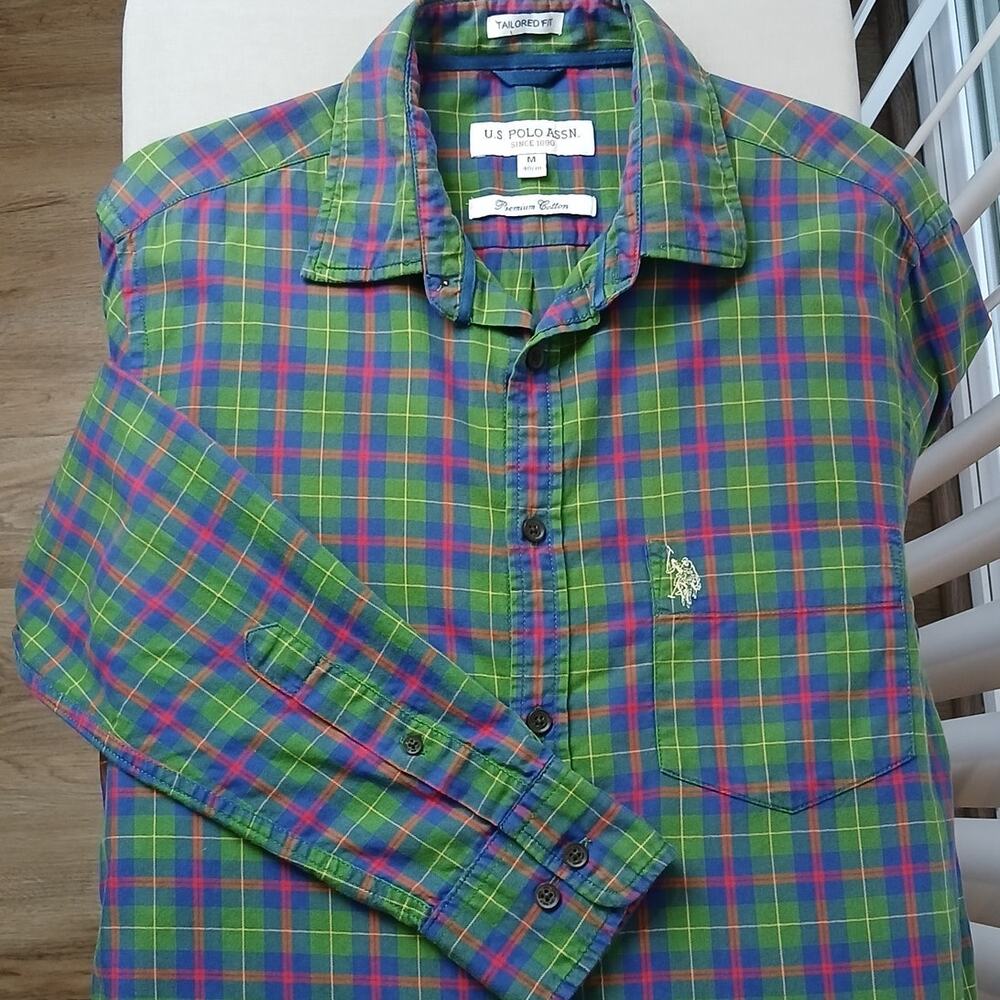U.S. Polo Assn. Green Plaid Tailored Fit Shirt Mens M long sleeve premium cotton